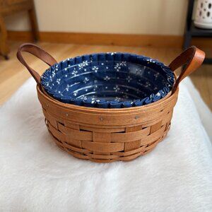 Longaberger Vintage Classic Brown Button Basket W/Plastic Protector & Blue Liner